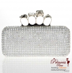 Designer Inspired Evening Bag Covered In Rhinestone Pattern w/ Skull Accent Four Finger Handle